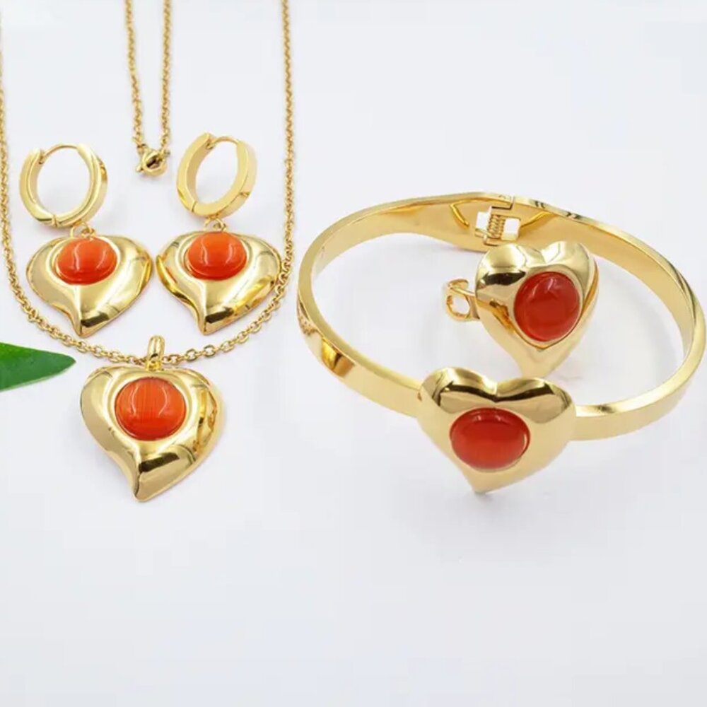 18k Gold Plated Red Heart 4 pcs Necklaces Set